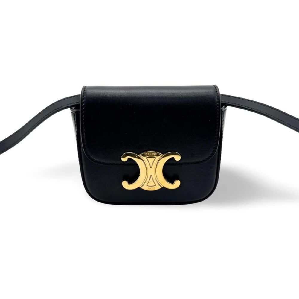 Celine Shiny Calfskin Mini Triomphe Crossbody Bag Black Gold Hardware